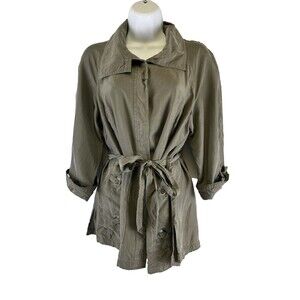 Chicos Silk Jacket Green Utility Military Short Trench Lightweight Button Belt M